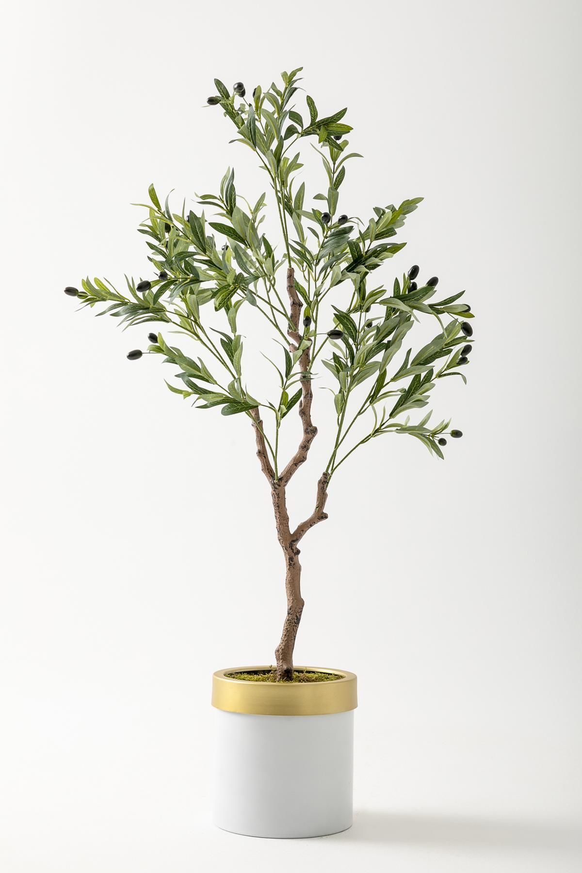 Güleç Yapay Çiçek Yapay Zeytin Ağacı 120 Cm Beyaz Gold Metal Saksı