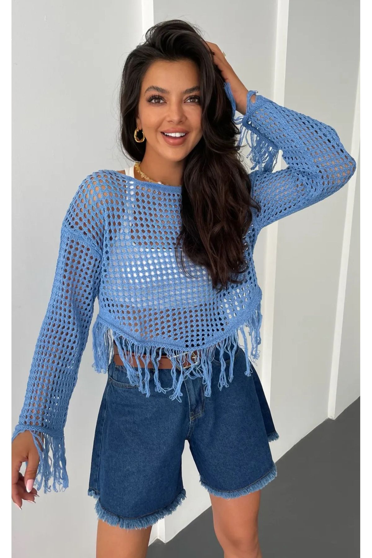 Noi Belis Geniş Kalıp/Oversize Püskül Detaylı İnce Yazlık Bluz SS25BZ0025