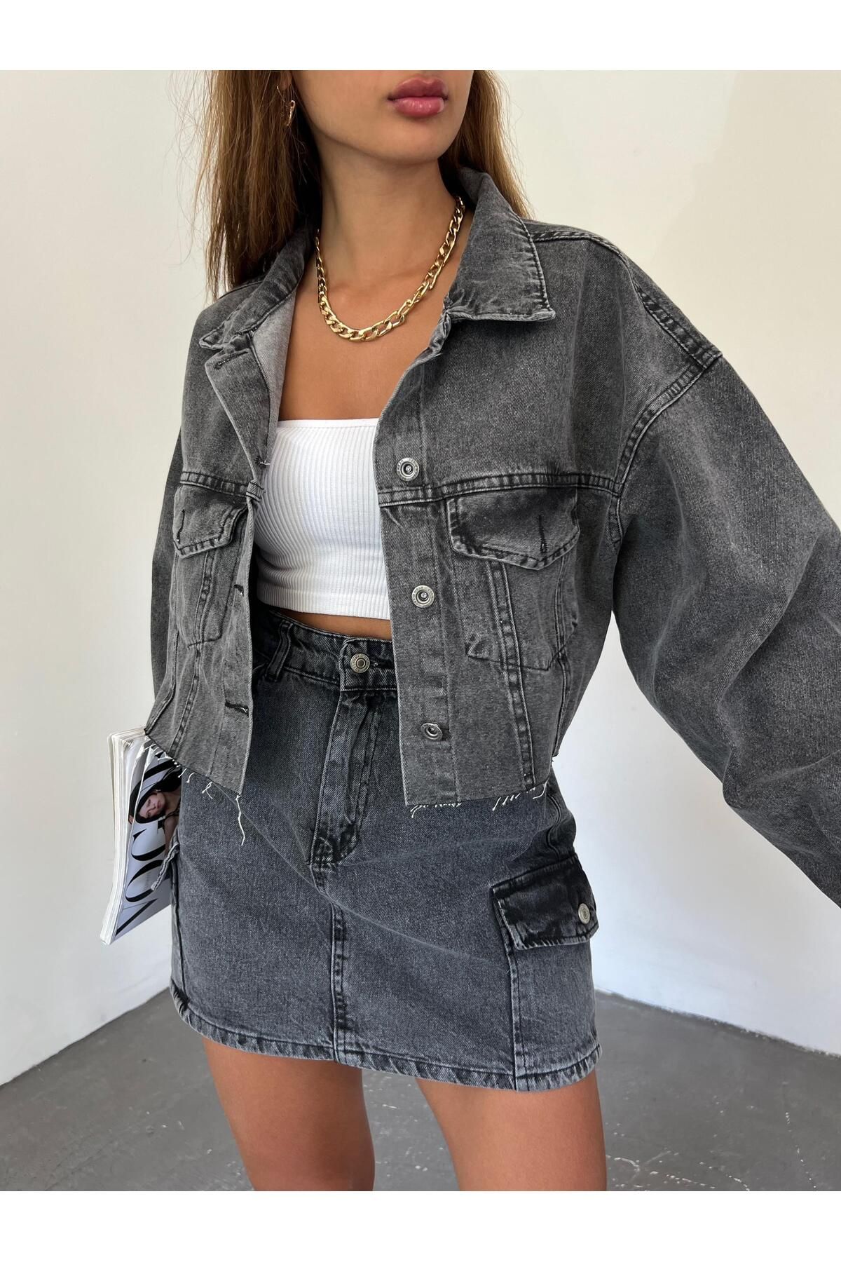 Pink Stil Çift Cepli Yıkamalı Crop Denim Ceket