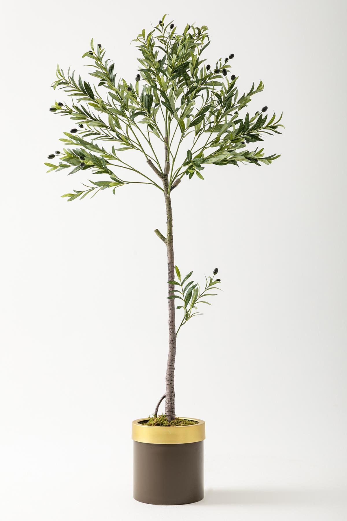 Güleç Yapay Çiçek Yapay Zeytin Ağacı 160 Cm Kahverengi Gold Metal Saksı