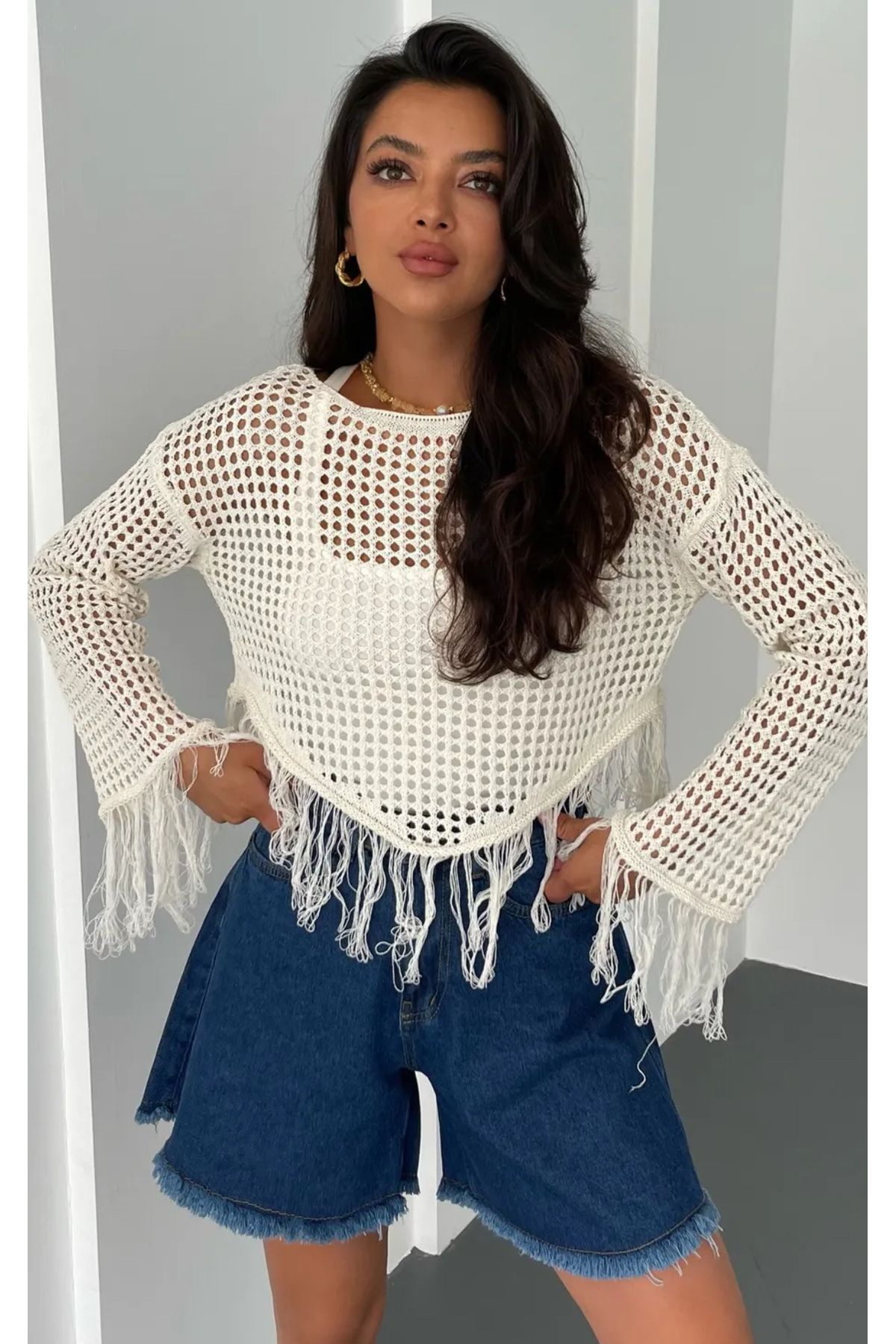 Noi Belis Geniş Kalıp/Oversize Püskül Detaylı İnce Yazlık Bluz SS25BZ0025