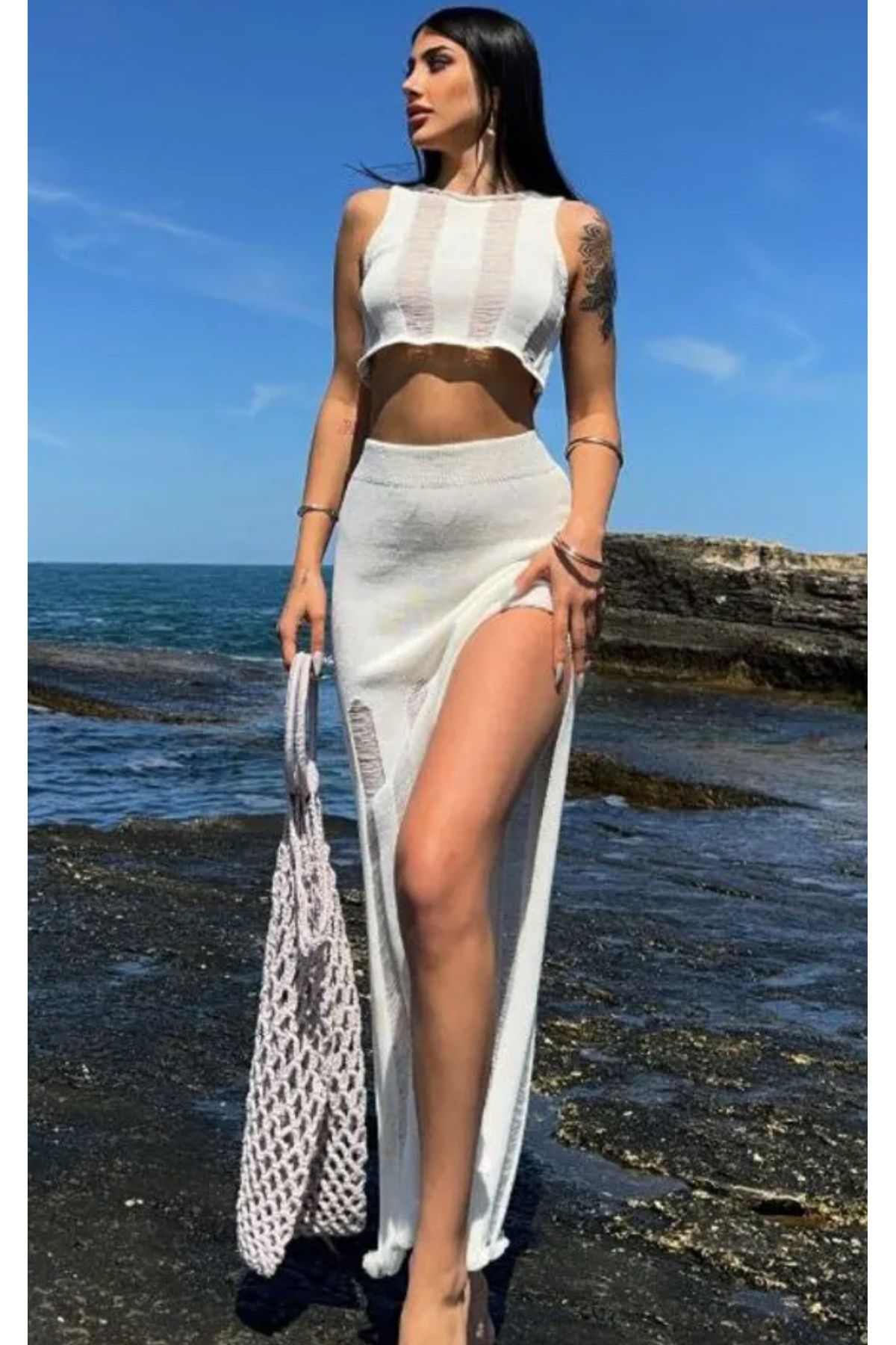 Noi Belis Ajurlu/Delikli Crop Bluz Yırtmaç Detaylı Maxi Boy Etek Yazlık Takım SS25AU0012