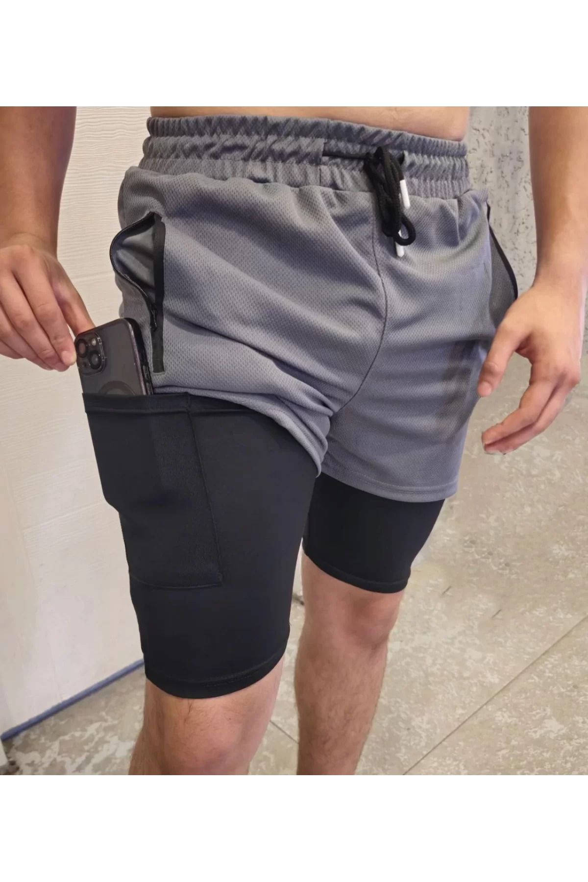 BBbutik OVERSİZE İç Cepli Sporcu Alt Taytlı Şort - GRİ