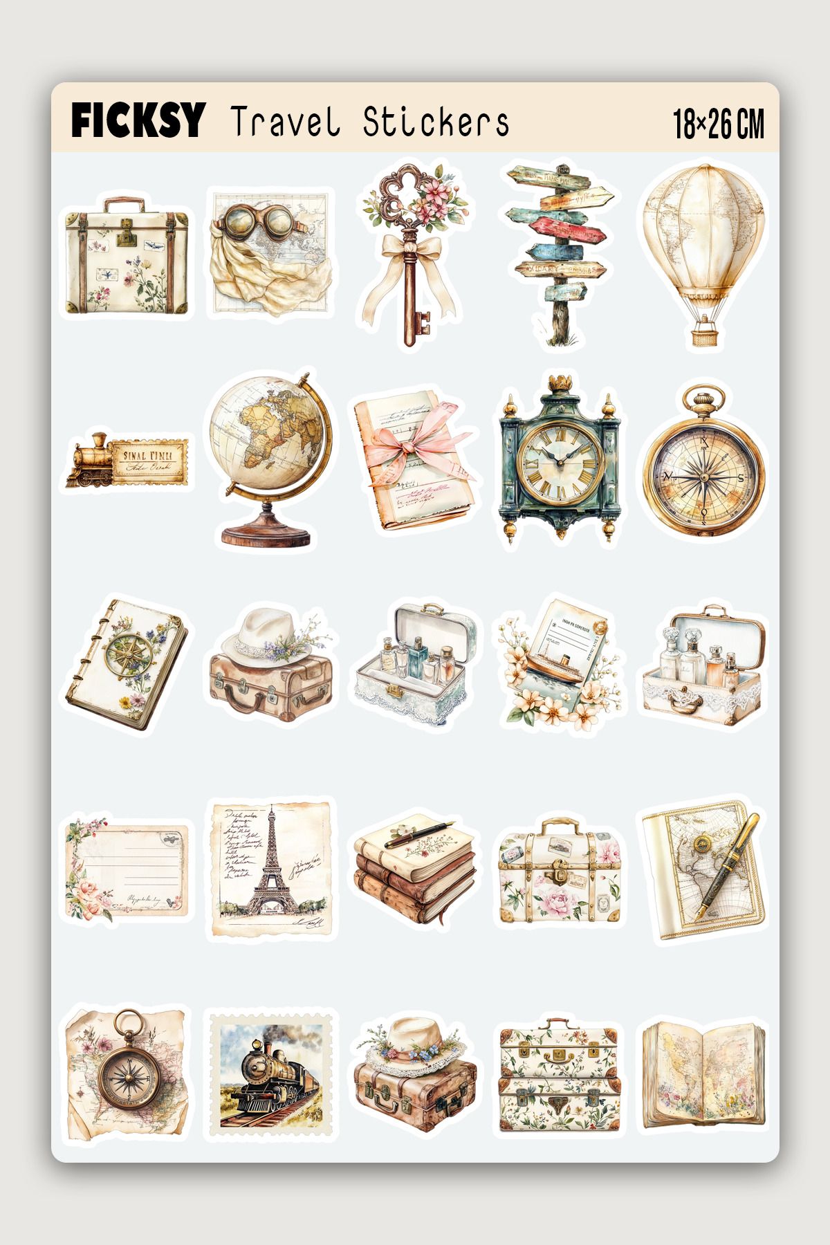 Ficksy Vintage Seyahat Temalı Sticker Seti - 25 Adet Travel Etiket Çıkartma