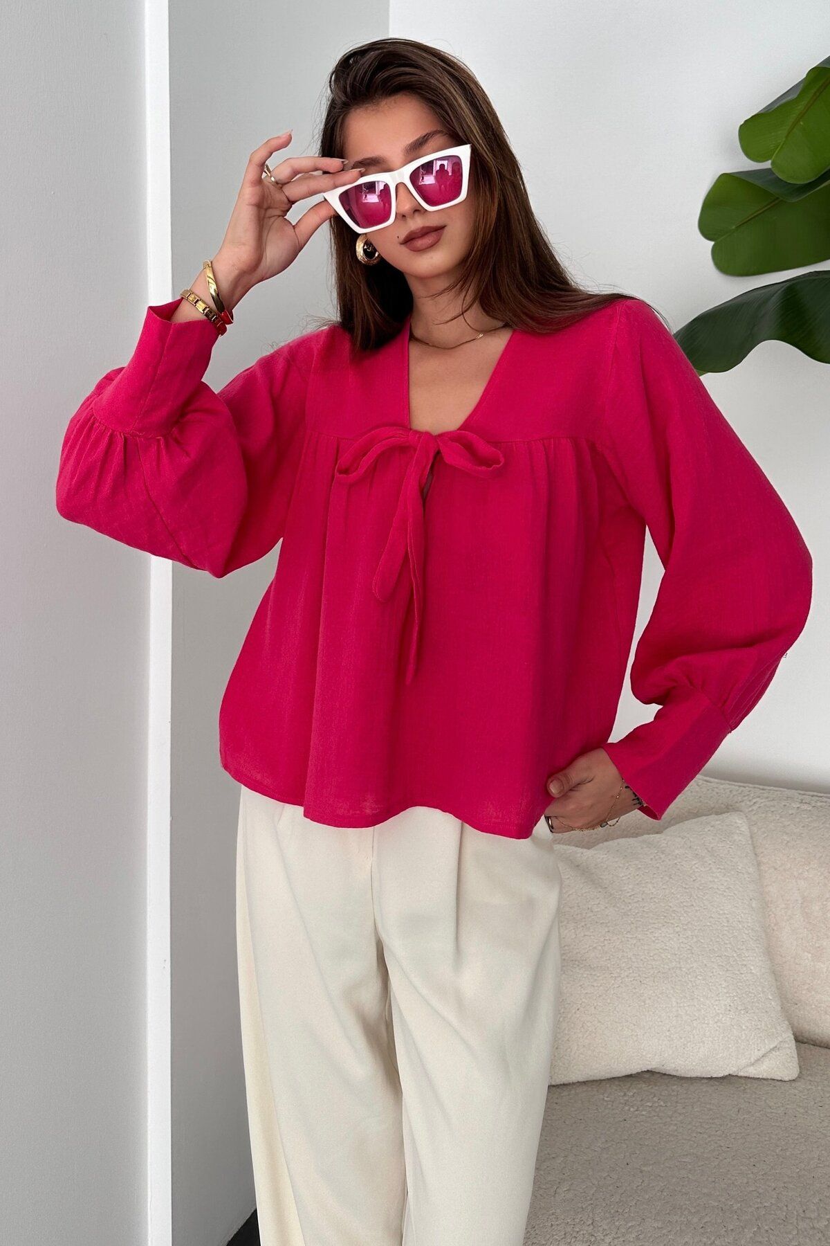 Pink Stil Yakası Bağlamalı Basic Müslin Bluz