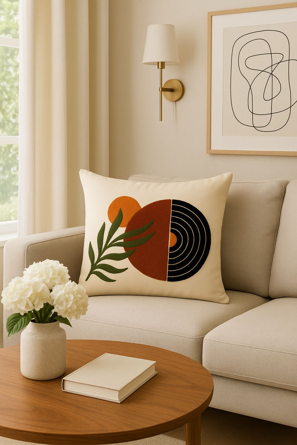 Salvia Dione 43x43 cm Geometrik Desenli Dekoratif Kırlent Kılıfı - Modern Bohem Yastık Kılıfı - Krem Renk