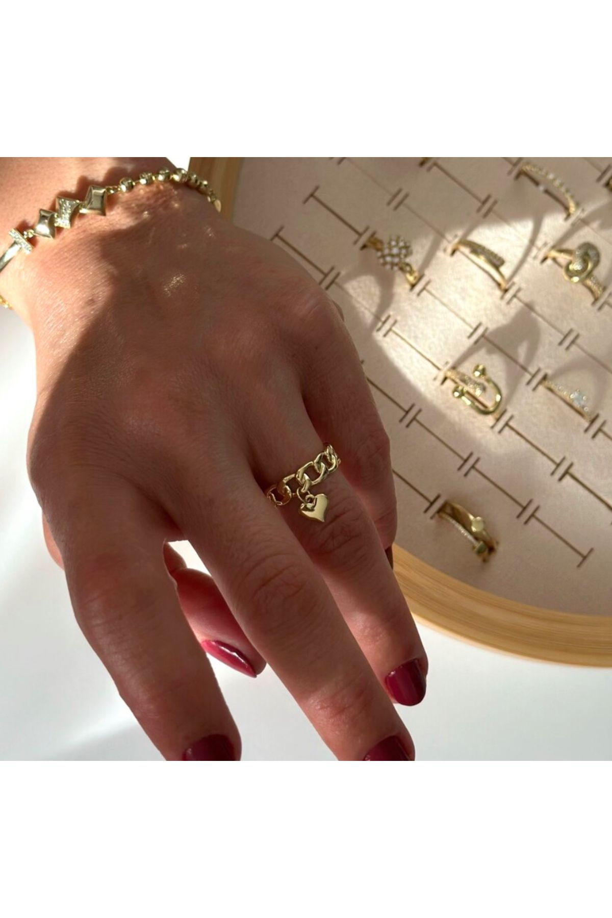 HND collection Kalp Charm Detaylı Zincir Model Gold Renk Kadın Yüzük | Ayarlanabilir Romantik Tasarım