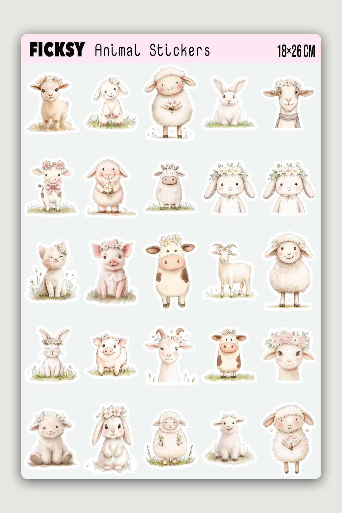 Ficksy Sevimli Çiftlik Hayvanları Sticker Seti - 25 Adet Etiket Çıkartma