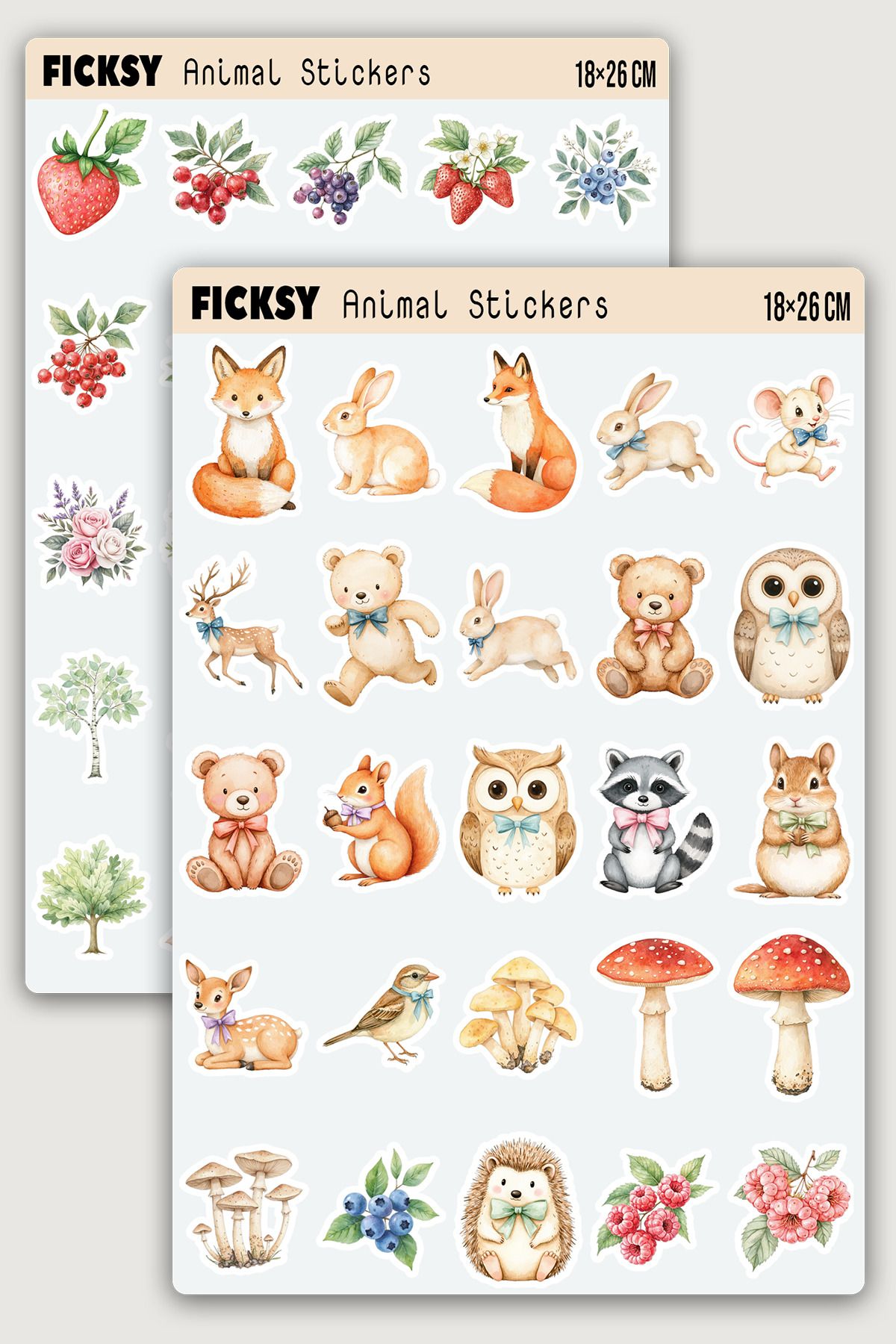 Ficksy Sevimli Orman Hayvanları Sticker Seti - 50 Adet Etiket Çıkartma