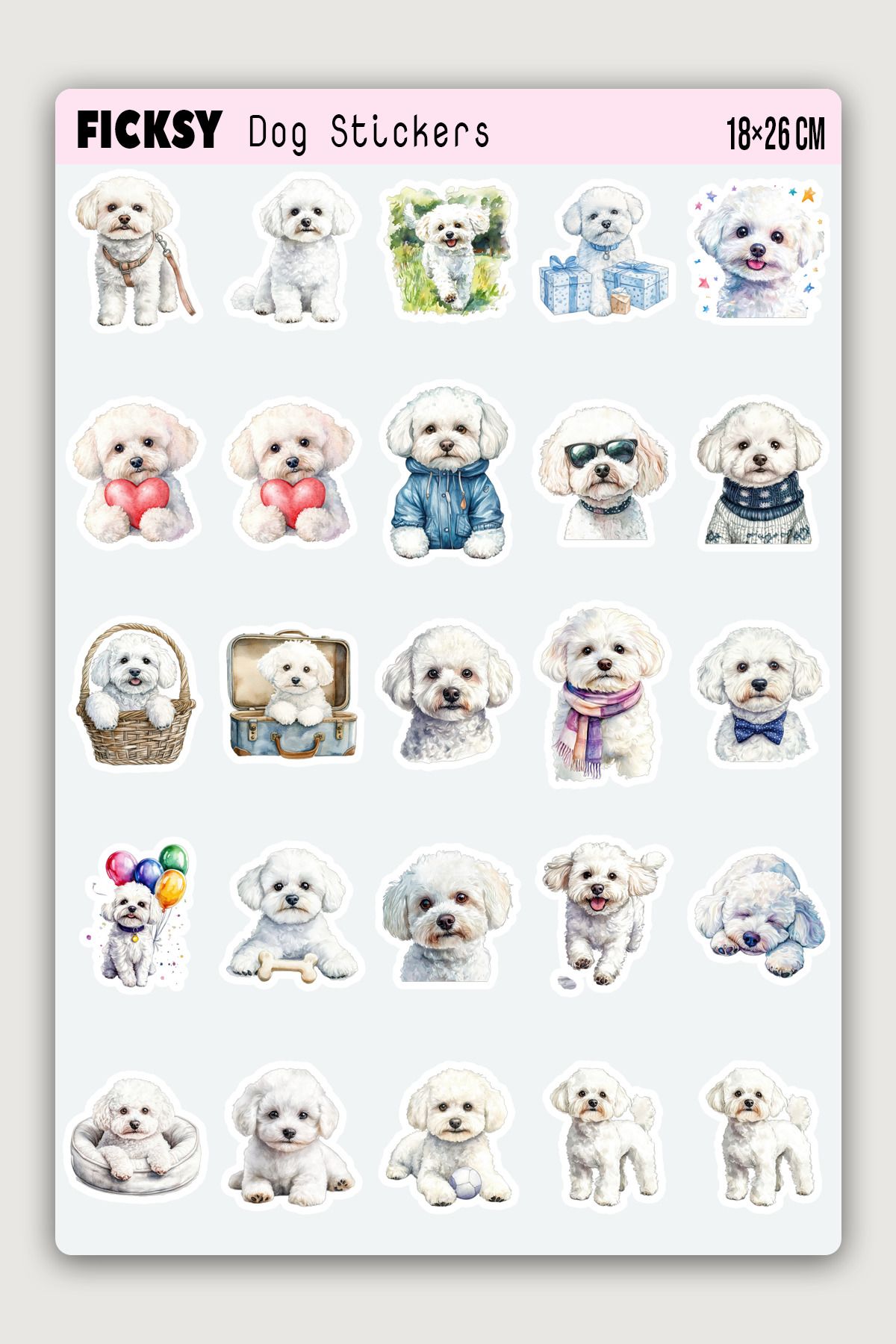 Ficksy Bichon Frise Köpek Sticker Seti - 25 Adet Etiket Çıkartma