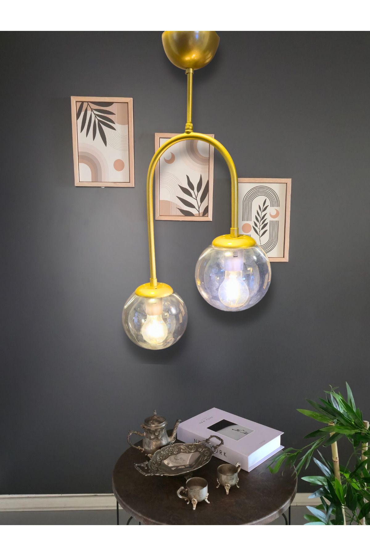 Luzarana Mira Avize Modern Metal 2’li Sarı Avize Füme Renk Cam Başlıklı Salon & Yatak Odası Aydınlatması