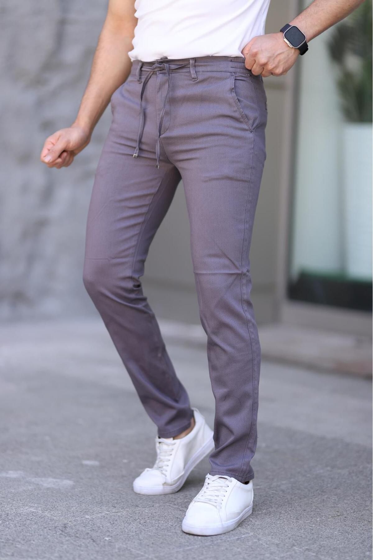 XORVİO Erkek Slim Fit Esnek Likralı Armürlü Keten Bağcıklı Şık Kaliteli Pantolon