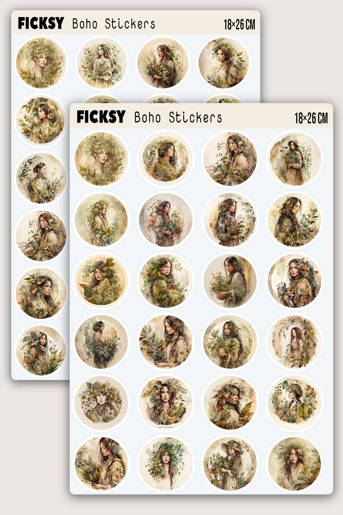 Ficksy Boho Kadın Portre Sticker Seti - 60 Adet Etiket Çıkartma
