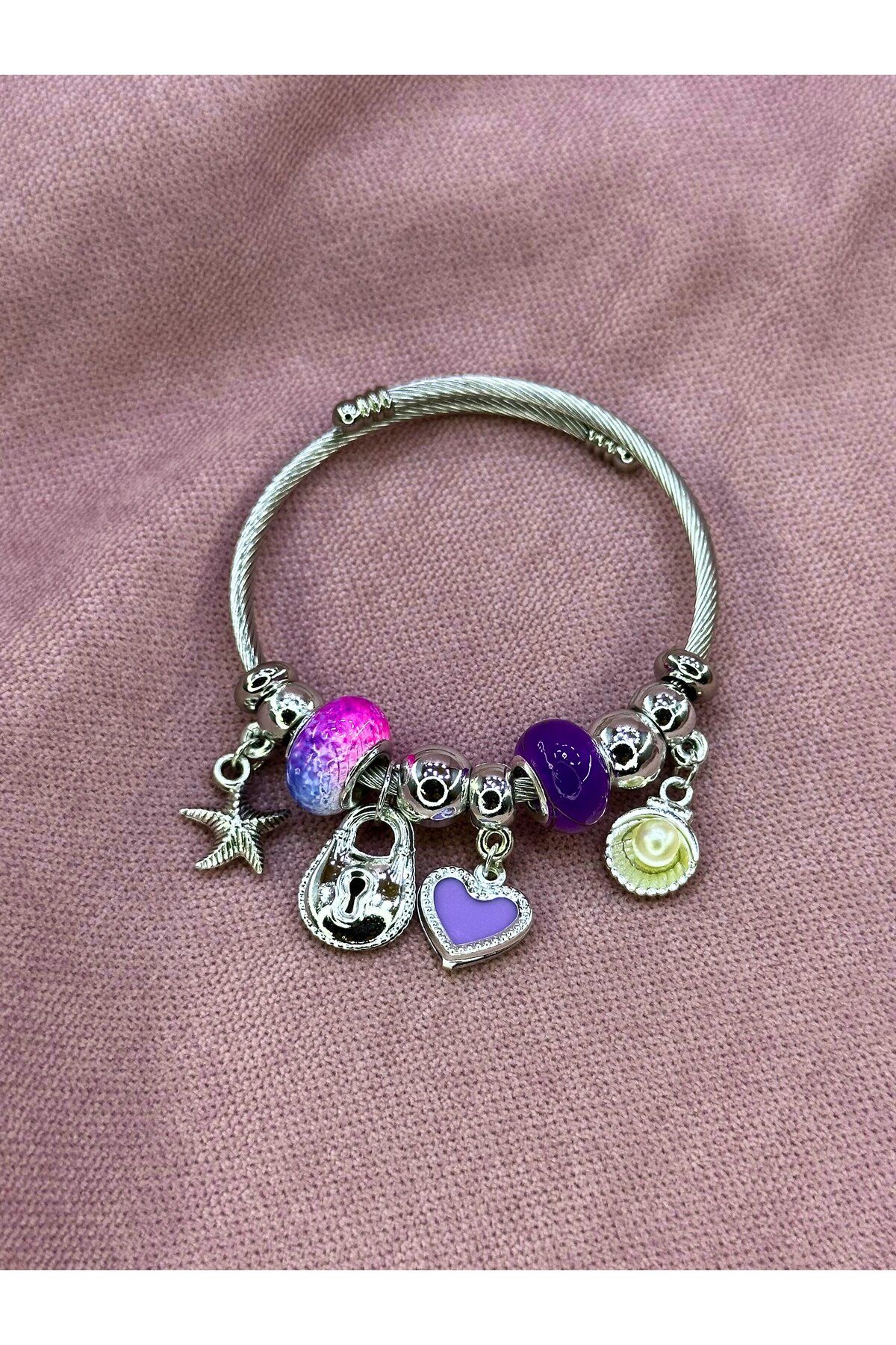 AYZENA Kilit / Mor Kalp Charm Detaylı Çelik Bileklik