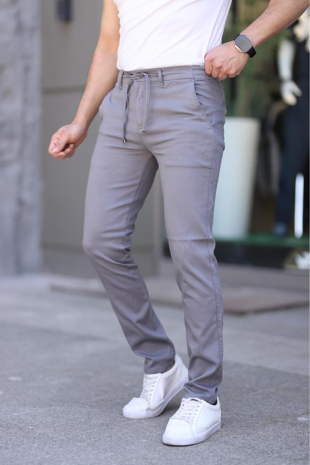 XORVİO Erkek Slim Fit Esnek Likralı Armürlü Keten Bağcıklı Şık Kaliteli Pantolon
