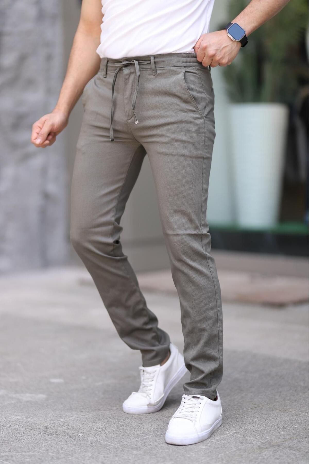 XORVİO Erkek Slim Fit Esnek Likralı Armürlü Keten Bağcıklı Şık Kaliteli Pantolon