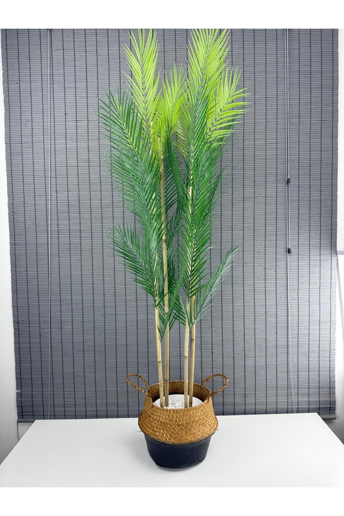 Bahçem Dekoratif Yapay Yapraklı Natural-Siyah Hasır Bambu Sepetli Areka Palmiye Ağacı 4 Gövde 150cm