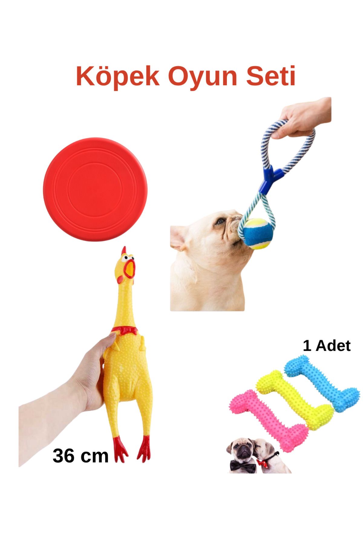 Home Köpek Oyun Seti-Sesli Tavuk Oyuncağı 36cm-Frizbi-Kemik Diş Kaşıma-Halatlı Çiğneme Top