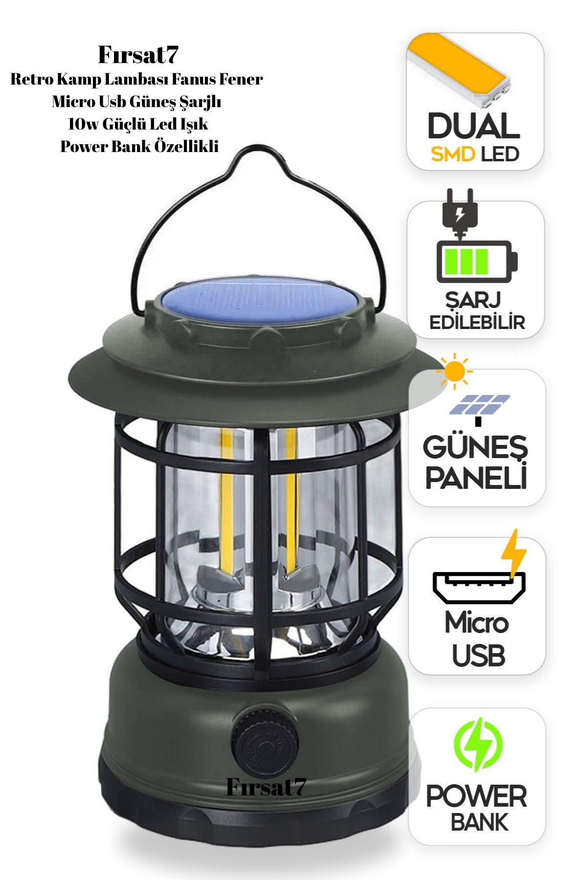 Fırsat7 Retro Kamp Lambası Fanus Fener Micro Usb Güneş Şarjlı 10w Güçlü Led Işık Power Bank Özellikli