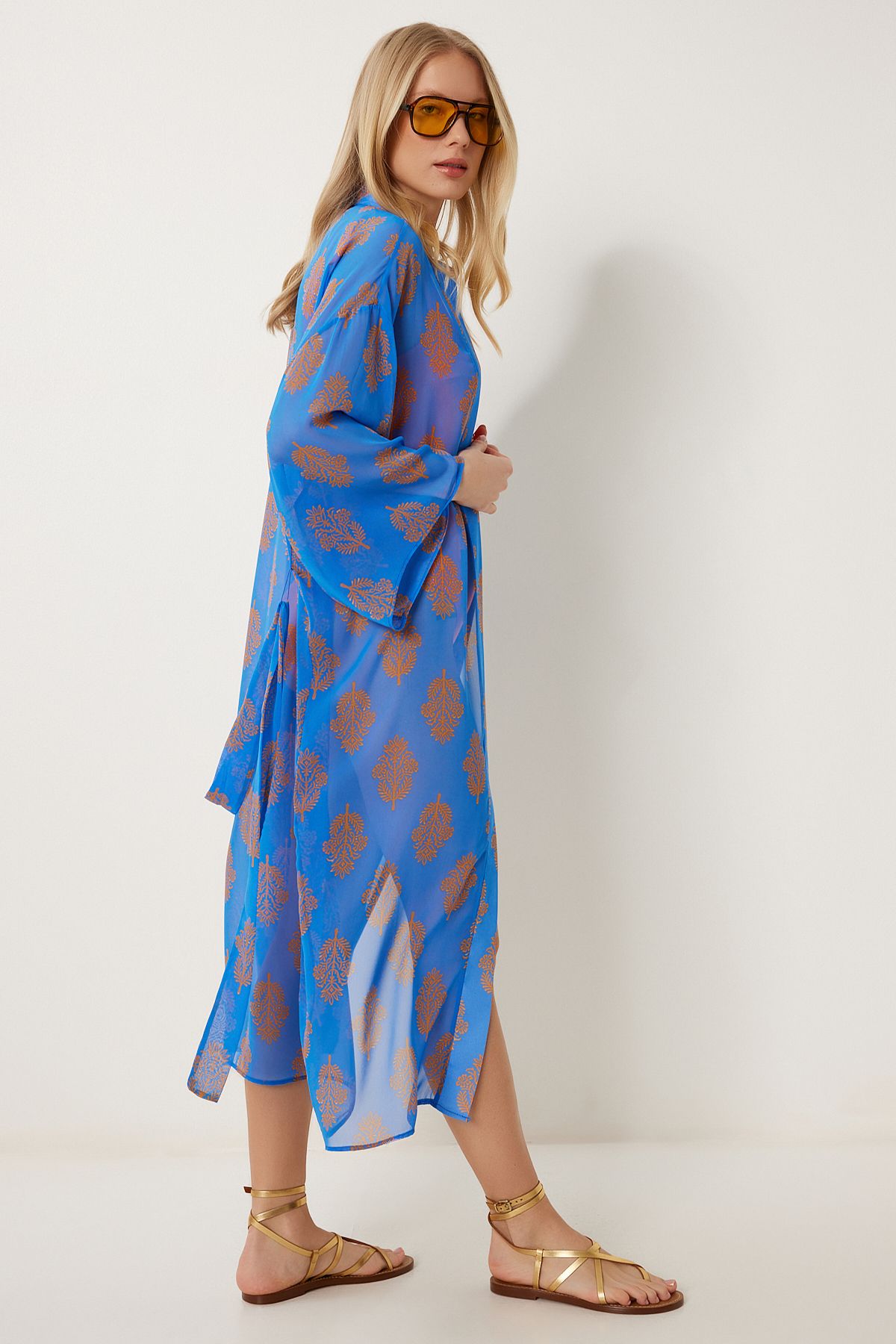 Kadın Koyu Mavi Desenli Kuşaklı Şifon Kimono FG00021