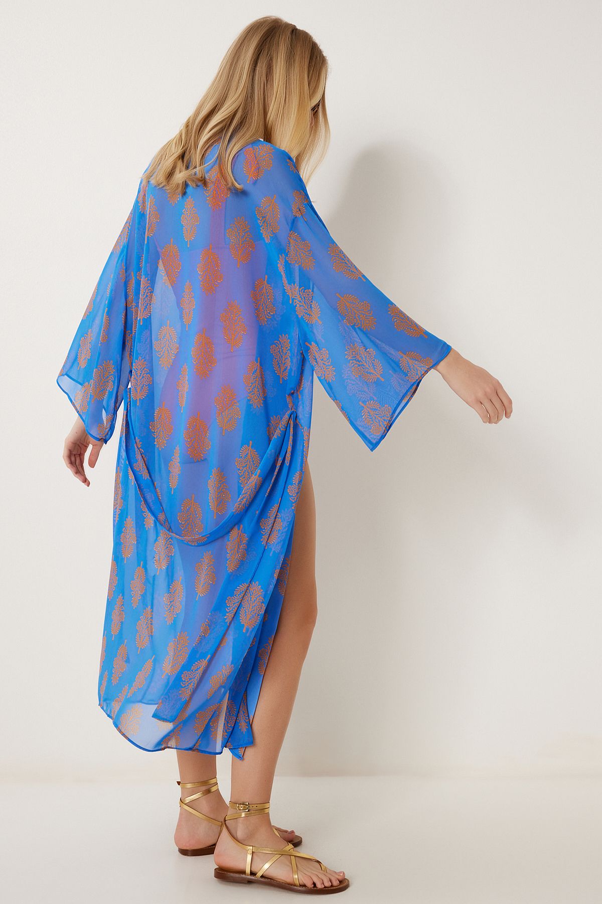 Kadın Koyu Mavi Desenli Kuşaklı Şifon Kimono FG00021