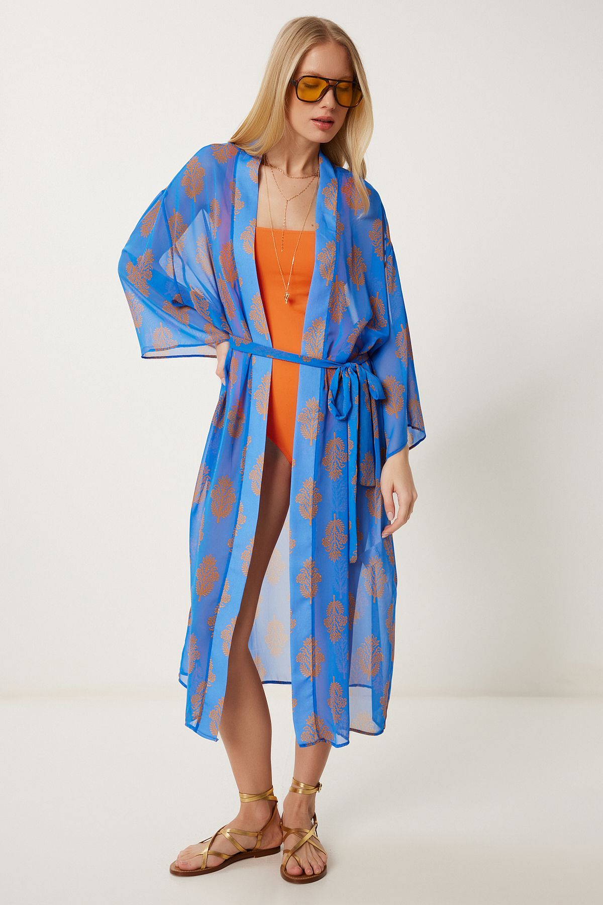 Happiness İstanbul Kadın Koyu Mavi Desenli Kuşaklı Şifon Kimono FG00021