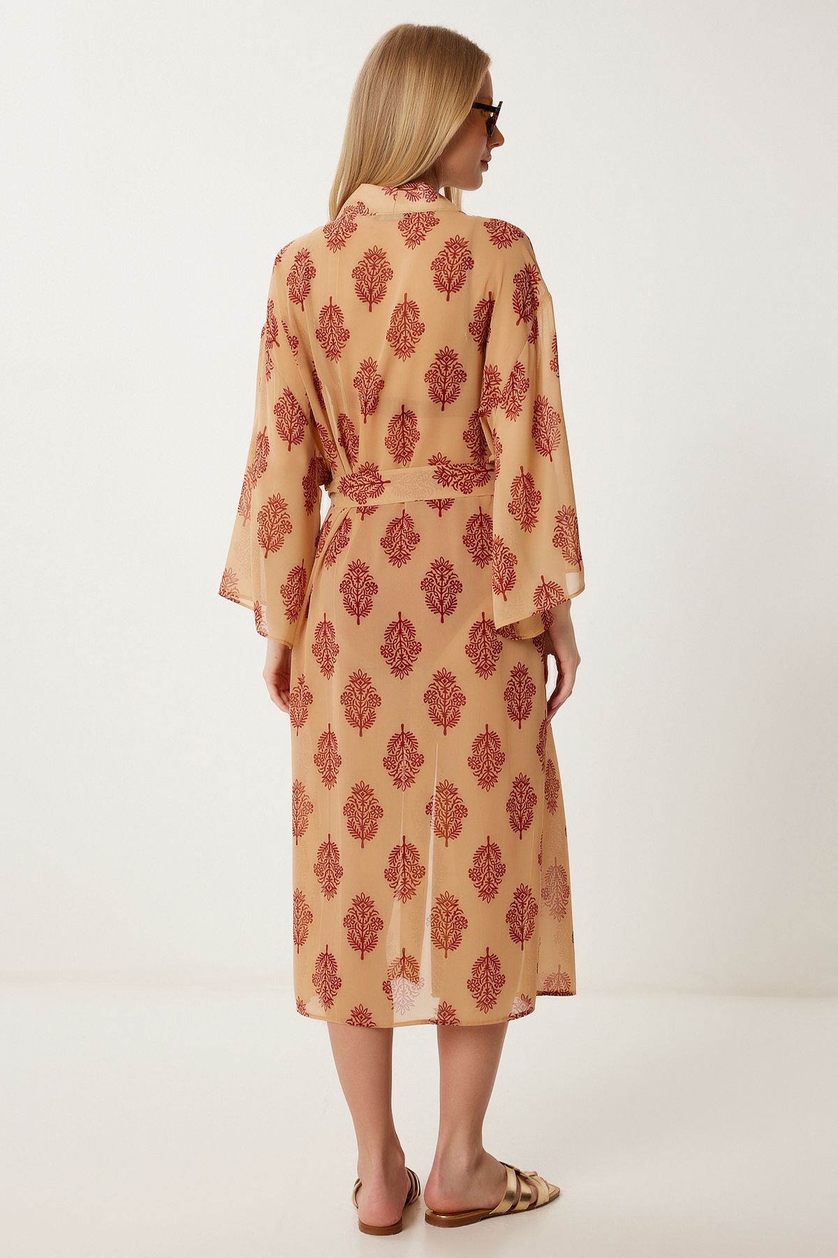 Kadın Karamel Desenli Kuşaklı Şifon Kimono FG00021