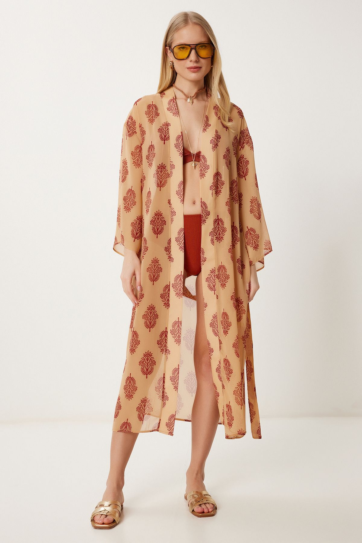 Kadın Karamel Desenli Kuşaklı Şifon Kimono FG00021