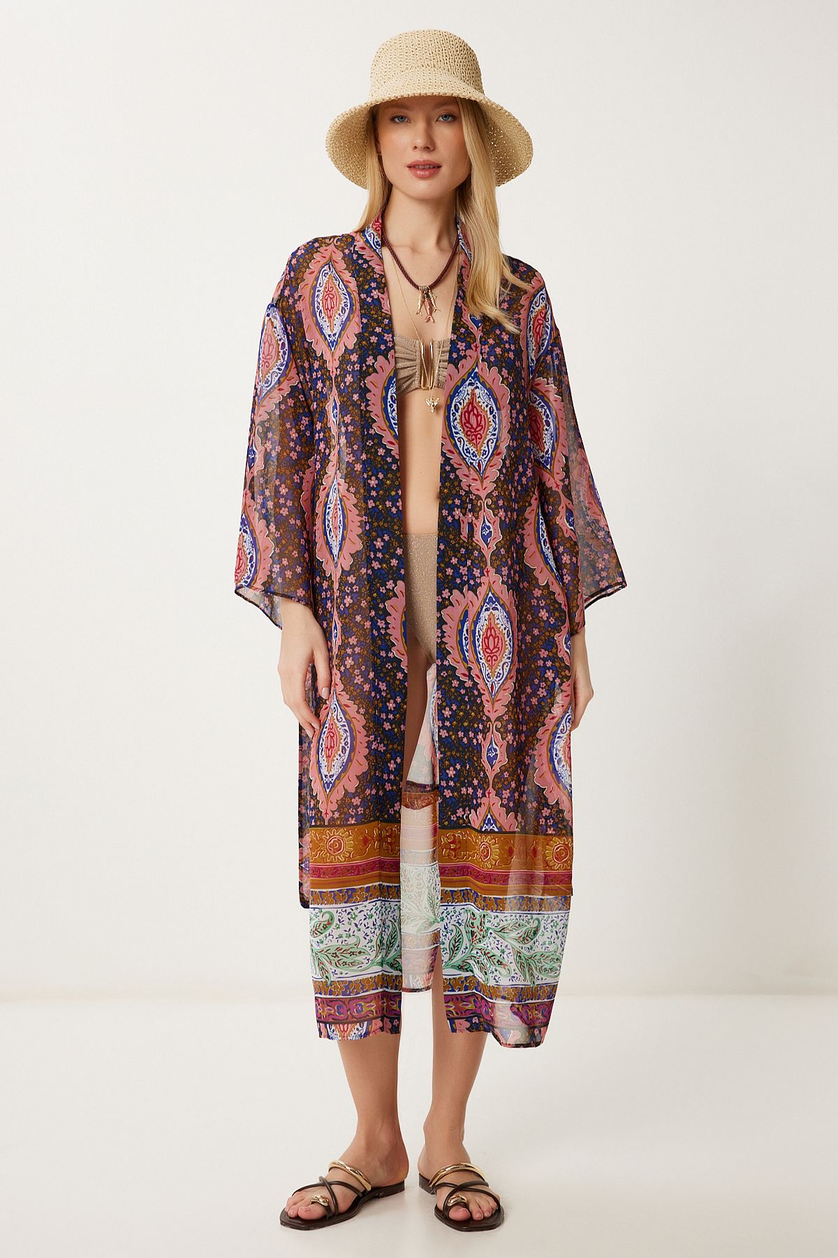 Kadın Gül Kurusu Siyah Desenli Kuşaklı Şifon Kimono FG00022