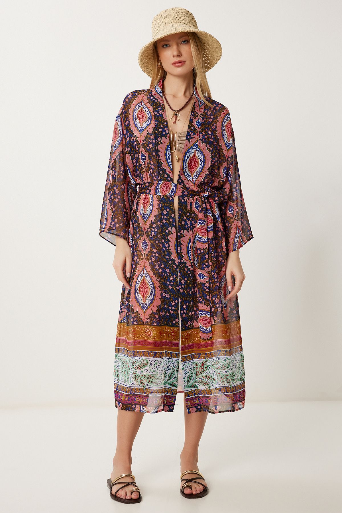 Kadın Gül Kurusu Siyah Desenli Kuşaklı Şifon Kimono FG00022