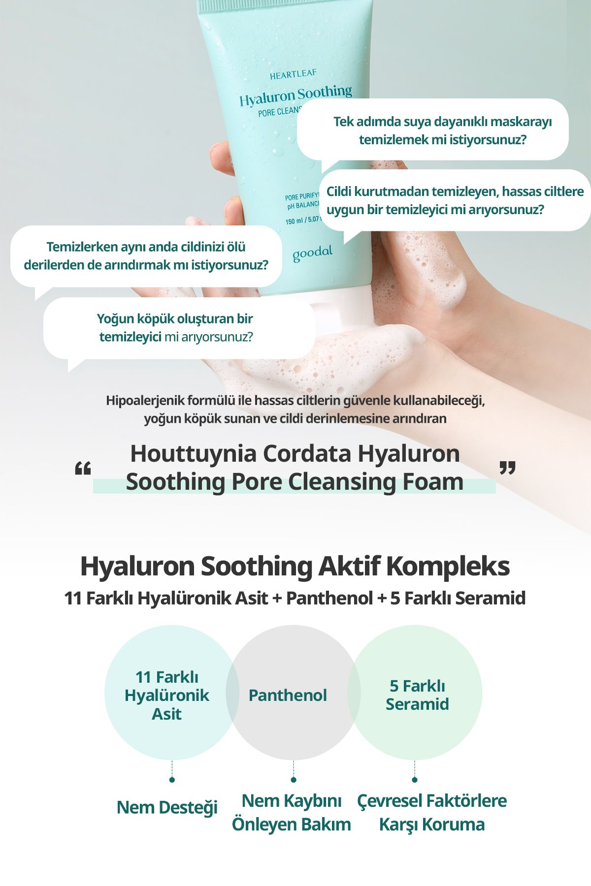 پاک کننده صورت فوم GOODAL HOUTTUYNIA CORDATA HYALURON تسکین دهنده منافذ تمیز کف Goodal