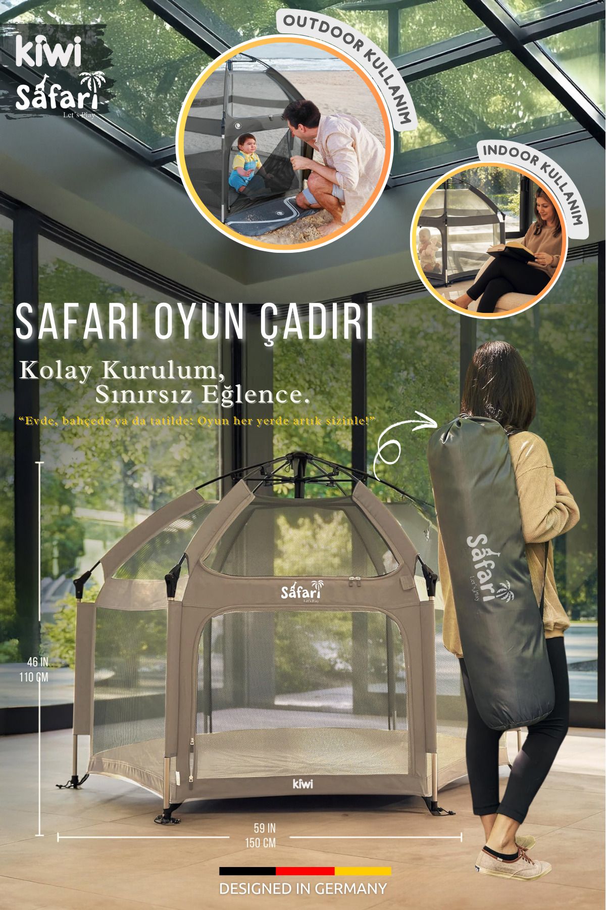 Kiwi Safari Çocuk-Bebek Oyun Parkı-Çadırı +50 UV Korumalı, Kolay Kurulum, Alüminyum Sağlam Gövde