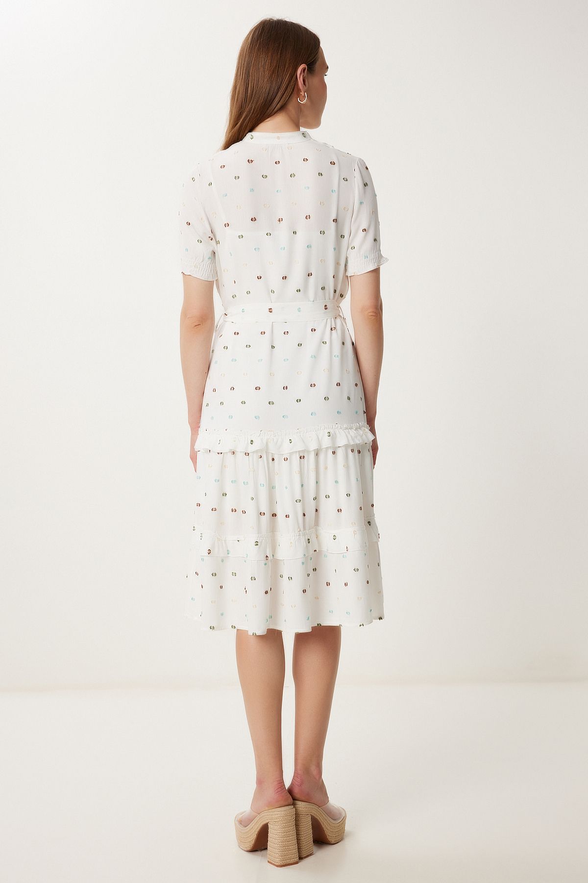 Happiness İstanbul-Women's Ecru Green Polka Dot Textured Summer Crinkle Dress Tp00055 4