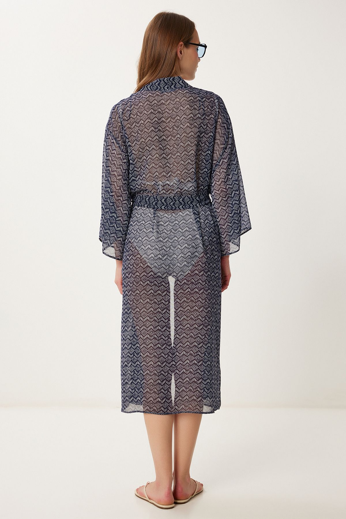 Kadın Lacivert Beyaz Desenli Kuşaklı Şifon Kimono FG00021