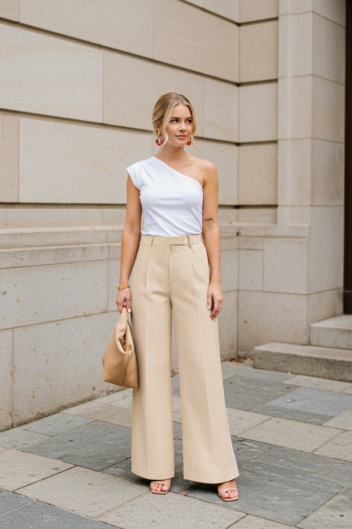 Trendyolmilla Bej Çizgili Wide Leg/Geniş Paça Dokuma Pantolon