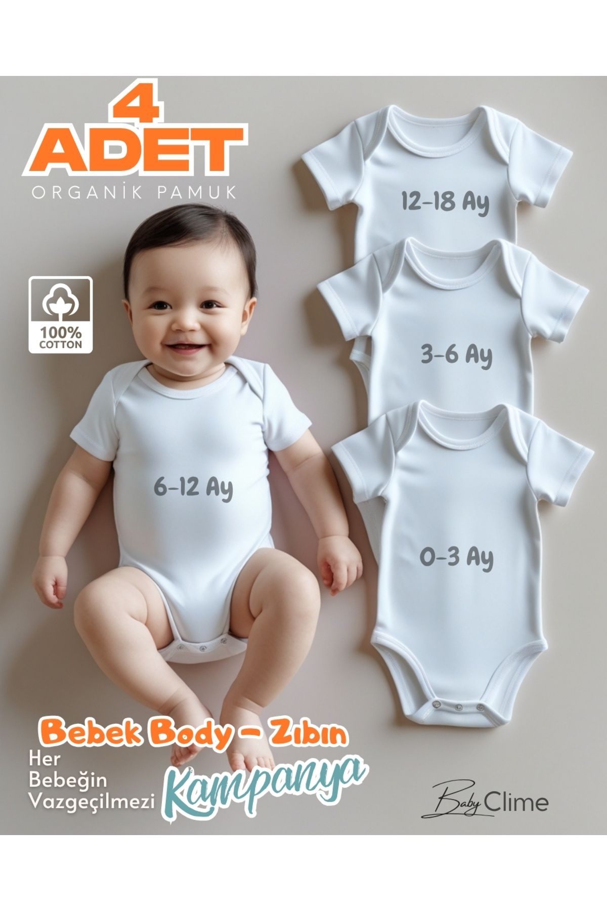bebek iklimi %100 Organik Pamuk 4’lü Beyaz Kısa Kollu Bebek Body Zıbın (Birer Adet 0–3, 3–6, 6–12, 12–18 Ay)