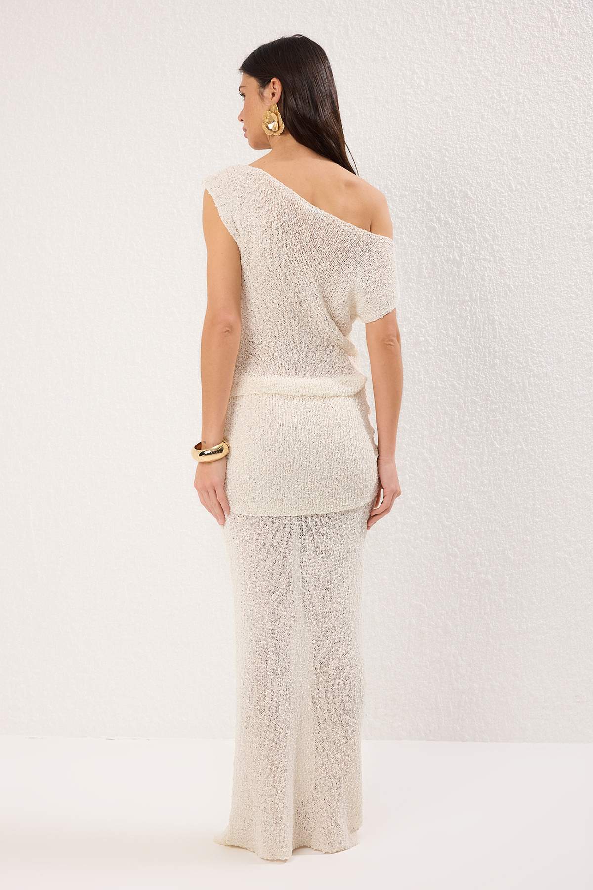 Trendyolmilla  Ekru Triko Büzgülü Plaj Bluz-Etek Takım TBESS25AU00109 - Görsel 4