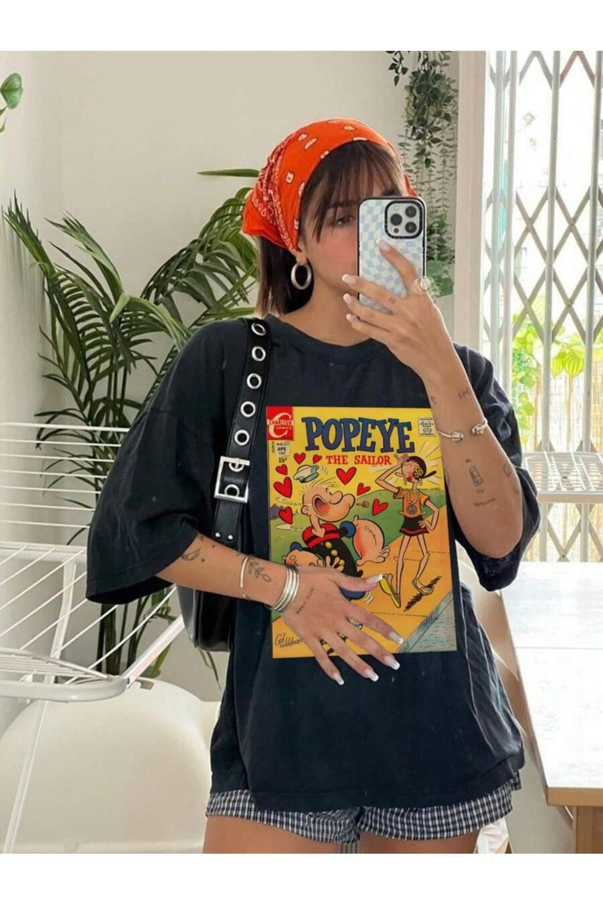 PALPİTO Kadın Siyah Popoye Baskılı Oversize T-Shirt
