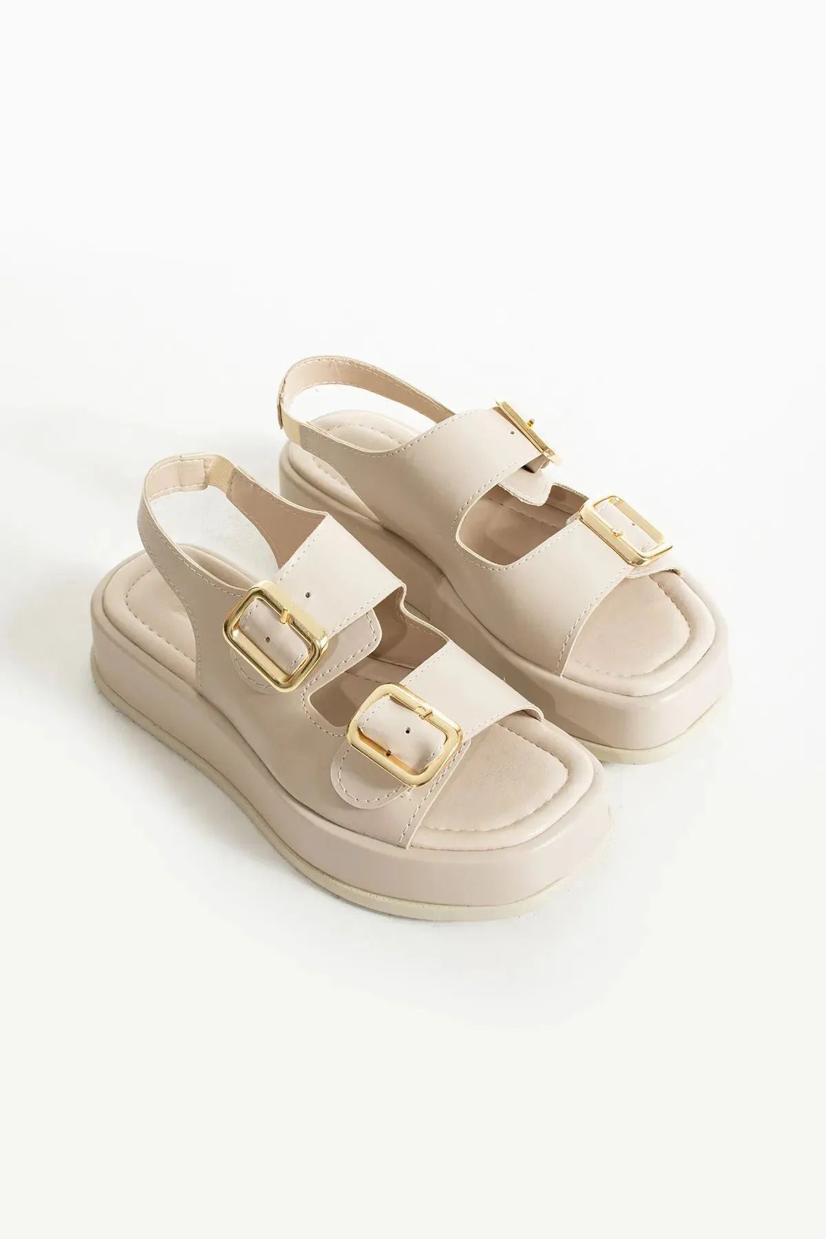 moun shoes Kadın Bej Çift Tokalı Ortopedik Taban Günlük Sandalet