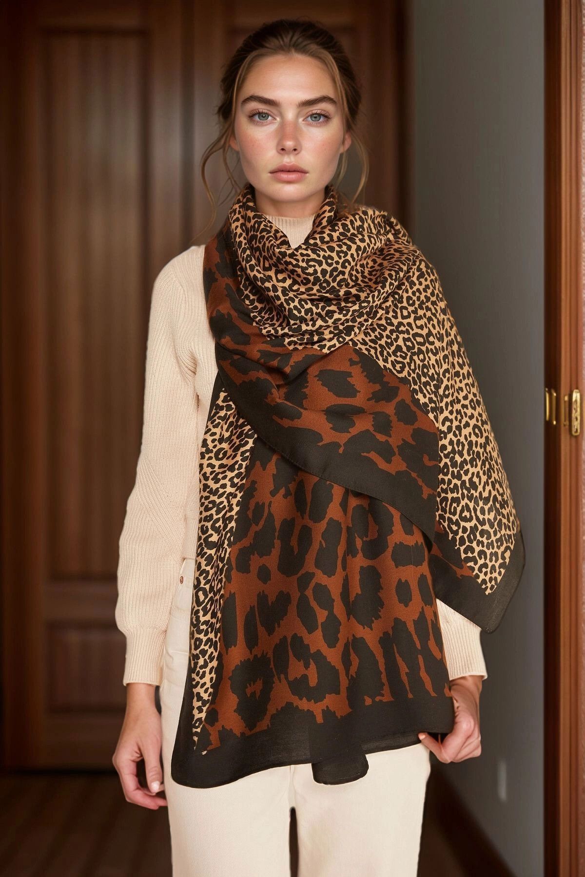 bacc Kahverengi Patchwork Leopar Desenli Şal BCNSV-2513955