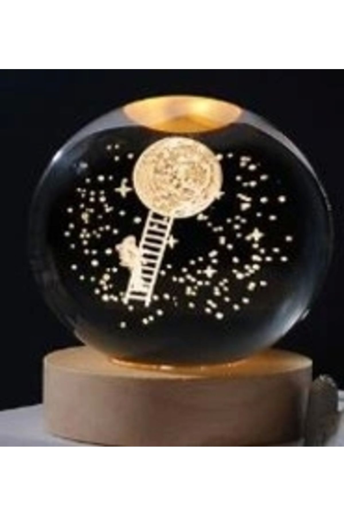OurStyles Dekoratif Merdiven Astronot Tasarımlı Ahşap altlıklı Işıklı Cam Küre Büyük Boy Cam:8cm Ahşap:2cm