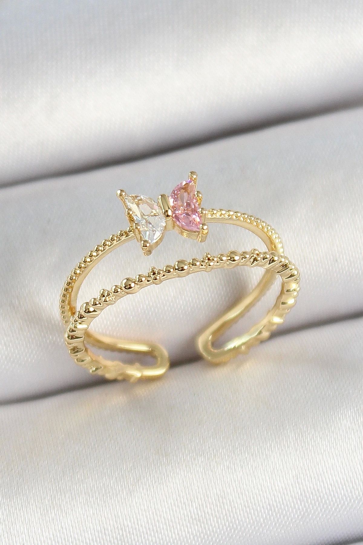 GLIMMERY Pirinç Kelebek Figürlü Zirkon Taşlı Gold Renk Ayarlanabilir Kadın Yüzük