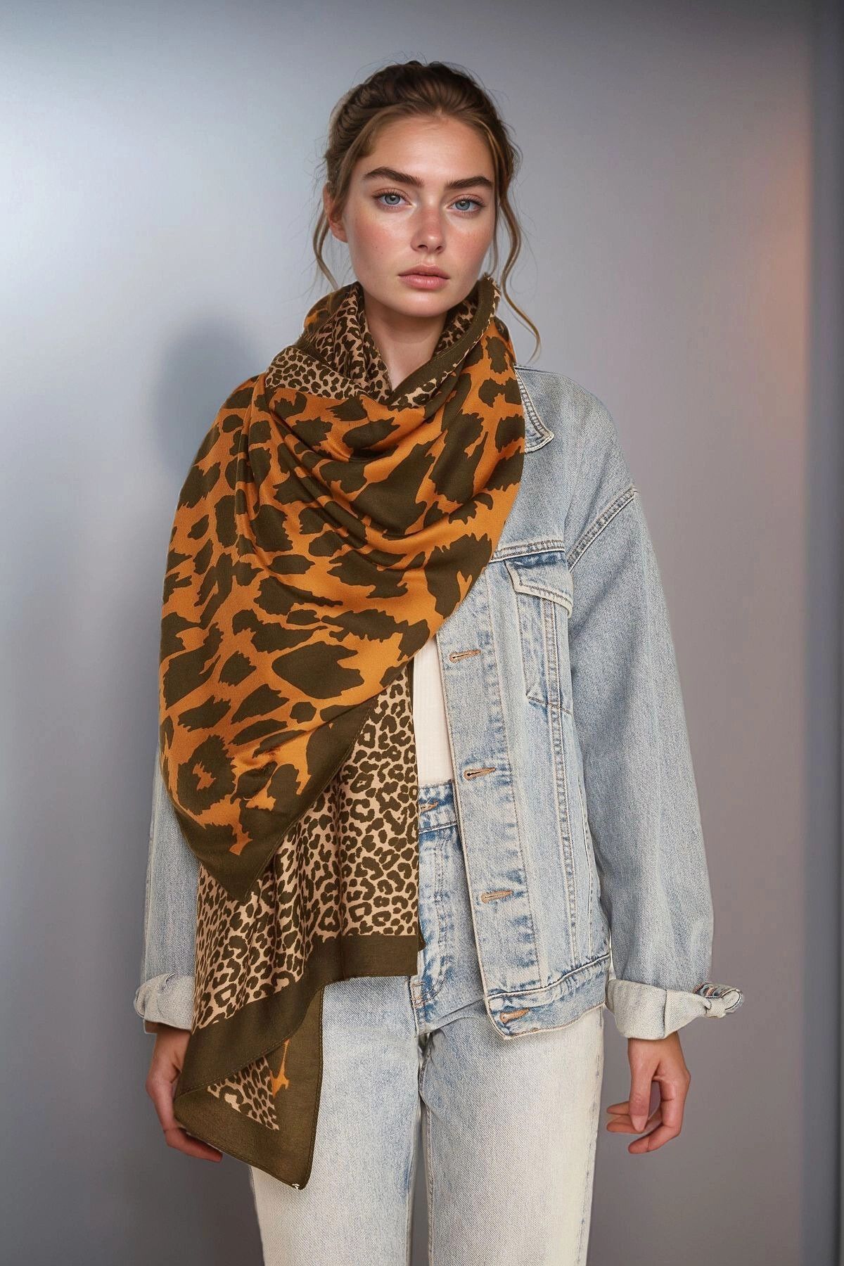 bacc Yeşil Patchwork Leopar Desenli Şal BCNSV-2513955