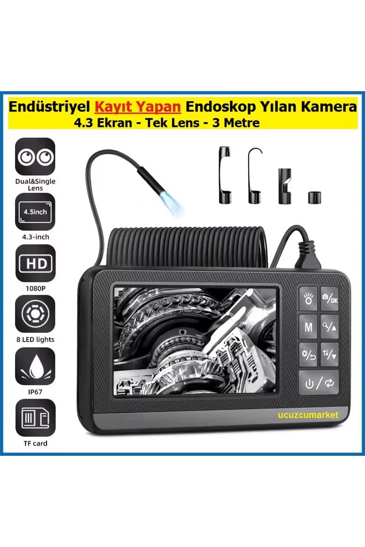 Kalite Kayıt Yapan Endüstriyel Endoskop Yılan Kamera 4.3 Ekran - Tek Lens - 3 Metre