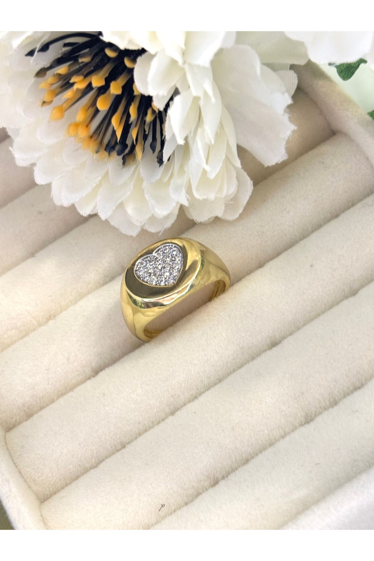 RUBİNO JEWELRY AYARLANABİLİR ÇELİK GOLD TAŞLI KALP YÜZÜK
