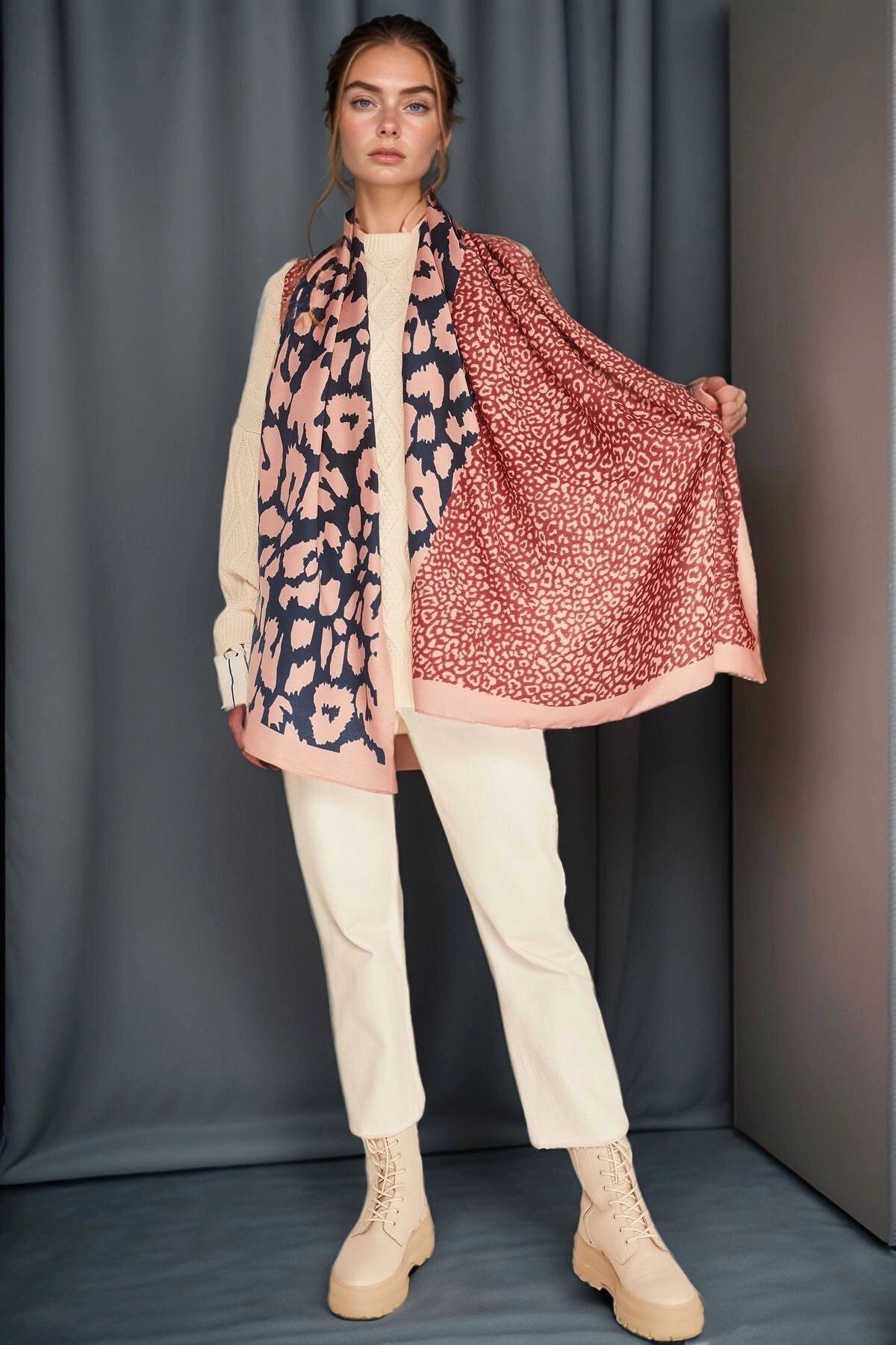 bacc Pembe Patchwork Leopar Desenli Şal BCNSV-2513955