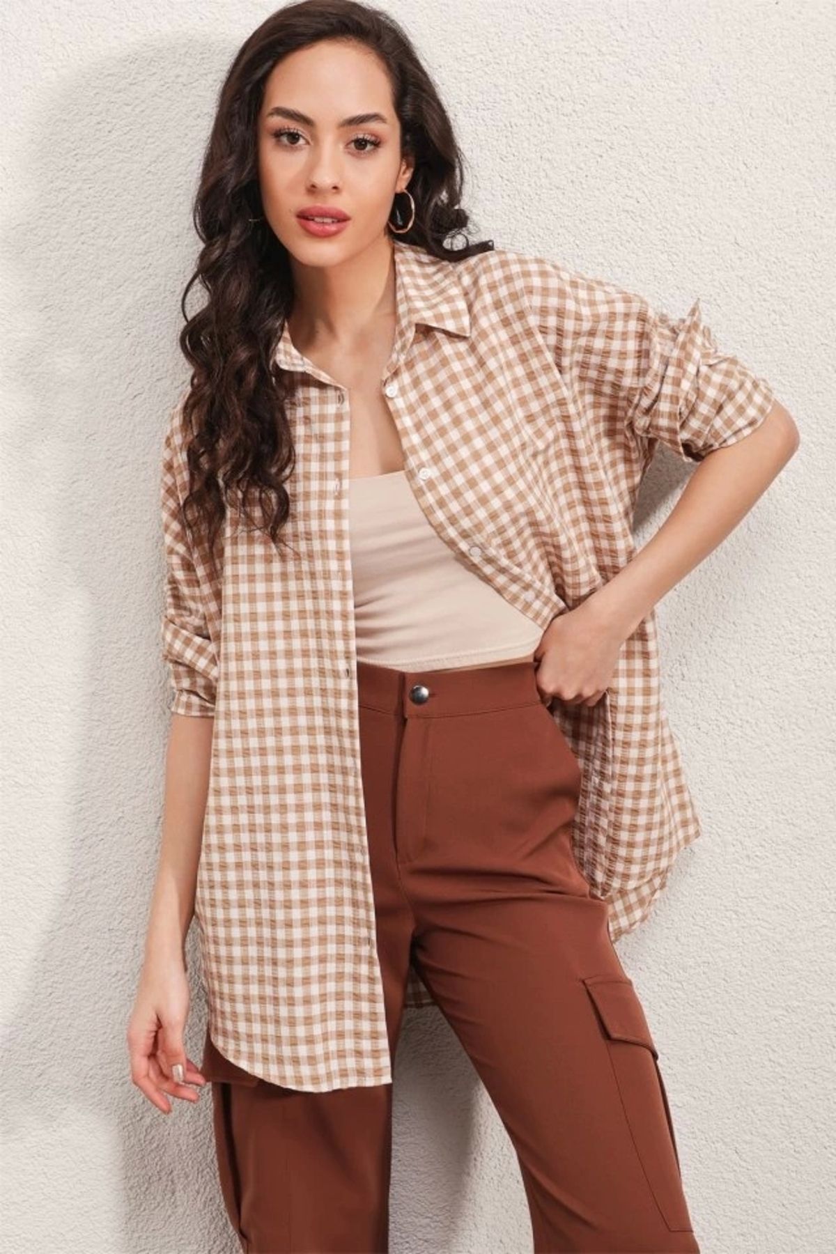 Silerra 3900 Oversize Kareli Gömlek - Y.Bej
