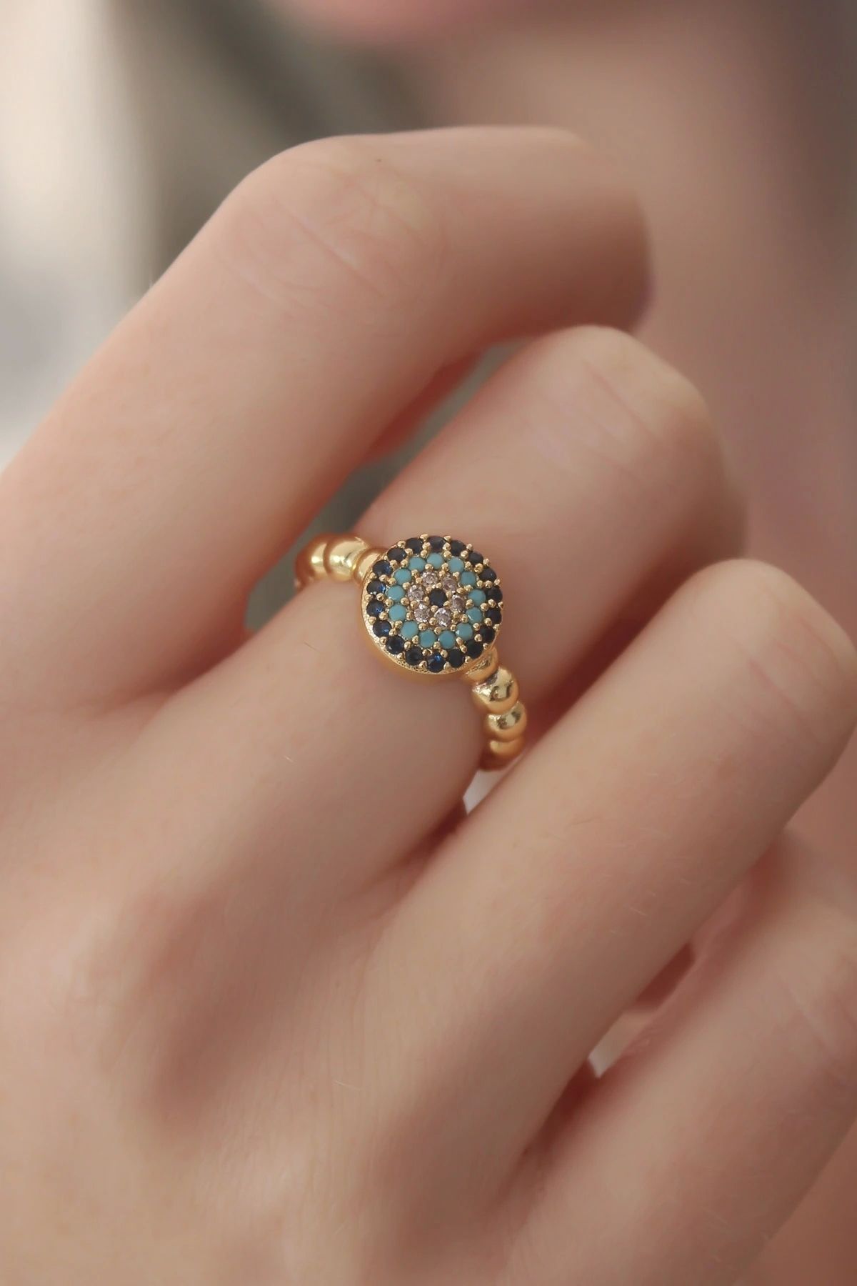 OurStyles Gold Renk Nazar Boncuk Figür Zirkon Taş Detay Kadın Yüzük - TJ-BYK2413