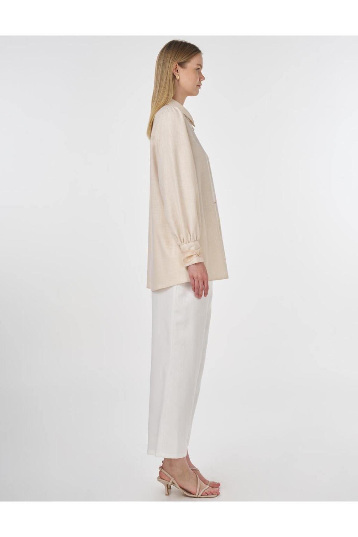 Kayra-Shiny Buttoned Viscose Tunic Cream 6