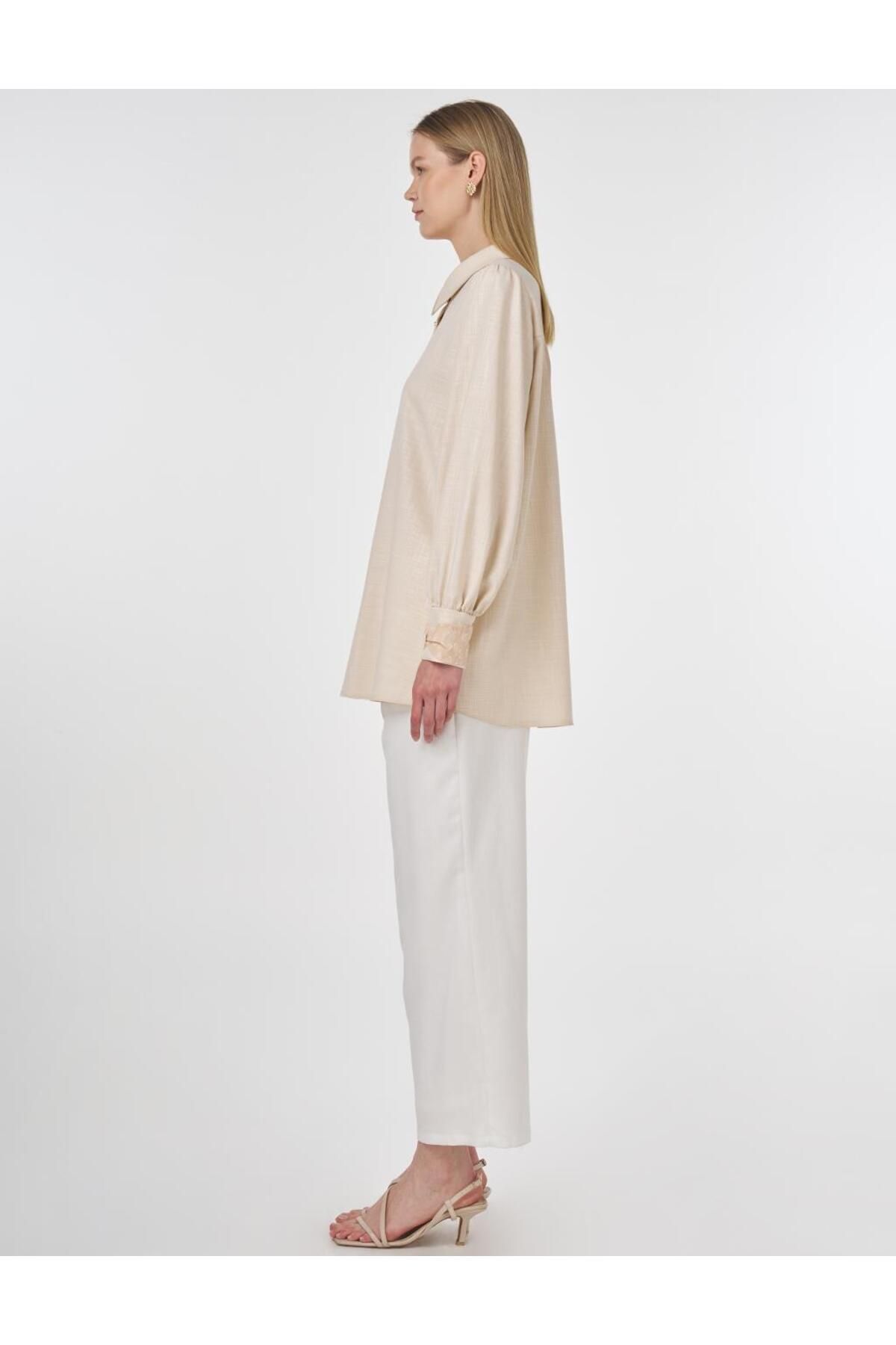 Kayra-Shiny Buttoned Viscose Tunic Cream 4